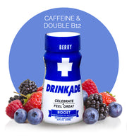 DrinkAde Boost blue bottle and fresh berries